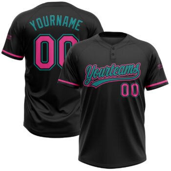 Custom Black Pink Teal Two Button Unisex Softball Jersey