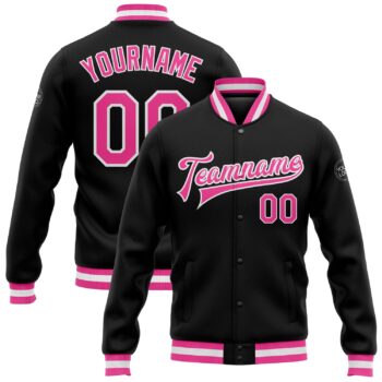 Custom Black Pink White Bomber Full Snap Varsity Letterman Jacket
