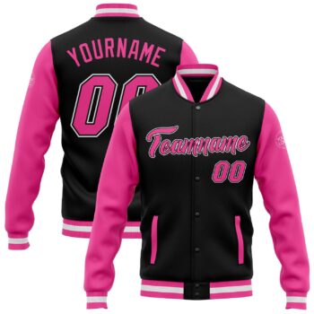 Custom Black Pink White Bomber Full Snap Varsity Letterman Two Tone Jacket