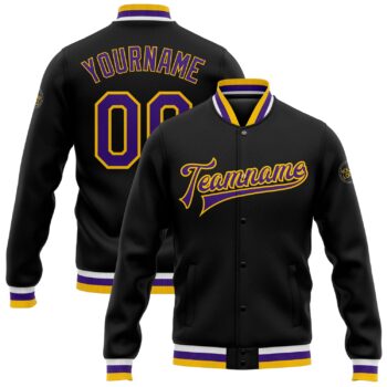 Custom Black Purple Gold Bomber Full Snap Varsity Letterman Jacket