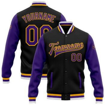 Custom Black Purple Gold Bomber Full Snap Varsity Letterman Two Tone Jacket