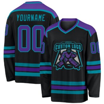 Custom Black Purple Teal Hockey Jersey