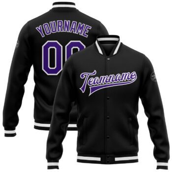 Custom Black Purple White Bomber Full Snap Varsity Letterman Jacket
