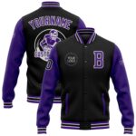 Custom Black Purple White Bomber Full Snap Varsity Letterman Two Tone Jacket