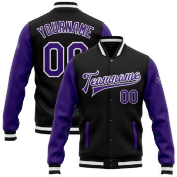 Custom Black Purple White Bomber Full Snap Varsity Letterman Two Tone Jacket