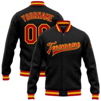 Custom Black Red Gold Bomber Full Snap Varsity Letterman Jacket