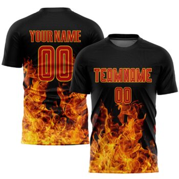Custom Black Red Gold Flame Sublimation Soccer Uniform Jersey