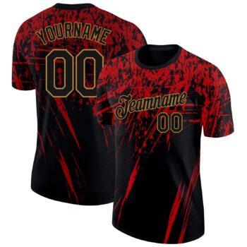 Custom Black Red Old Gold 3d Pattern Design Performance T Shirt