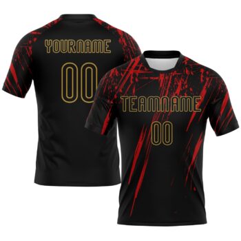 Custom Black Red Old Gold Splash Sublimation Volleyball Uniform Jersey