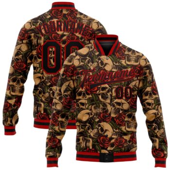 Custom Black Red Rose Skull Fashion 3d Bomber Full Snap Varsity Letterman Jacket