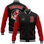 Custom Black Red White Bomber Full Snap Varsity Letterman Two Tone Jacket