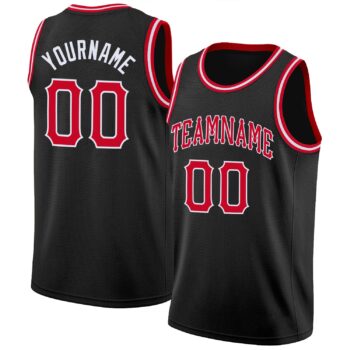 Custom Black Red White Round Neck Rib Knit Basketball Jersey