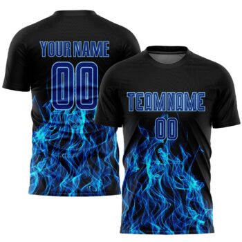 Custom Black Royal Light Blue Flame Sublimation Soccer Uniform Jersey