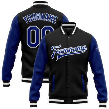 Custom Black Royal White Bomber Full Snap Varsity Letterman Two Tone Jacket