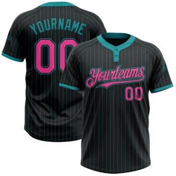 Custom Black Teal Pinstripe Pink Two Button Unisex Softball Jersey