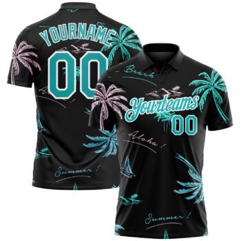 Custom Black Teal White 3d Pattern Design Hawaii Palm Trees Performance Golf Polo Shirt