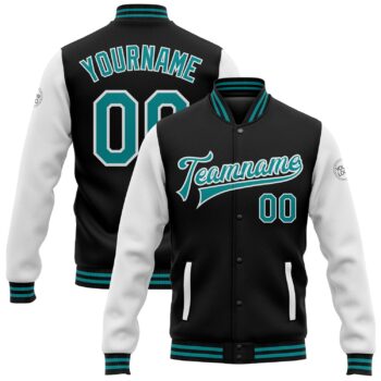 Custom Black Teal White Bomber Full Snap Varsity Letterman Two Tone Jacket