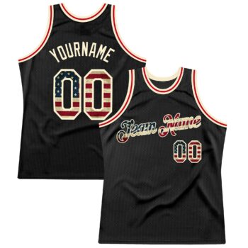 Custom Black Vintage Usa Flag Cream Authentic Throwback Basketball Jersey