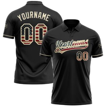 Custom Black Vintage Usa Flag Cream Performance Vapor Golf Polo Shirt