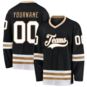 Custom Black White Old Gold Hockey Jersey