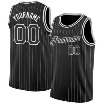 Custom Black White Pinstripe Black White Authentic Basketball Jersey