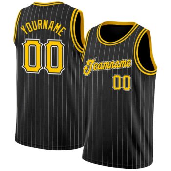 Custom Black White Pinstripe Gold White Authentic Basketball Jersey