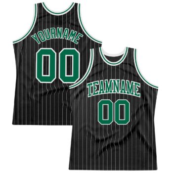 Custom Black White Pinstripe Kelly Green White Authentic Basketball Jersey