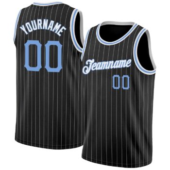 Custom Black White Pinstripe Light Blue White Authentic Basketball Jersey