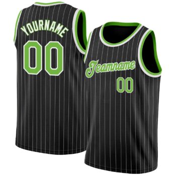 Custom Black White Pinstripe Neon Green White Authentic Basketball Jersey