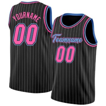 Custom Black White Pinstripe Pink Light Blue Authentic Basketball Jersey