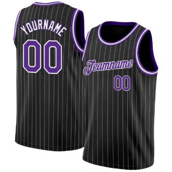 Custom Black White Pinstripe Purple White Authentic Basketball Jersey