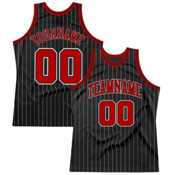 Custom Black White Pinstripe Red White Authentic Basketball Jersey