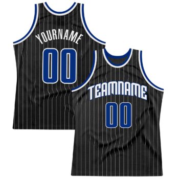 Custom Black White Pinstripe Royal White Authentic Basketball Jersey