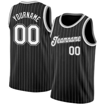 Custom Black White Pinstripe White Gray Authentic Basketball Jersey