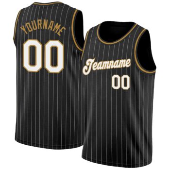 Custom Black White Pinstripe White Old Gold Authentic Basketball Jersey