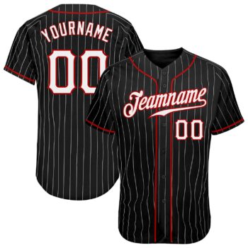 Custom Black White Pinstripe White Red Authentic Baseball Jersey