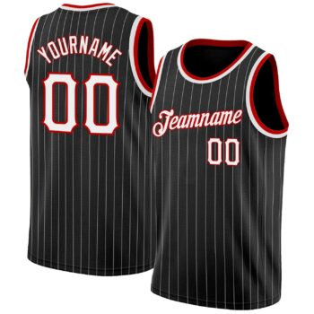 Custom Black White Pinstripe White Red Authentic Basketball Jersey