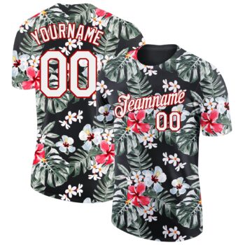 Custom Black White Red 3d Pattern Design Tropical Hawaii Plant Performance T Shirt