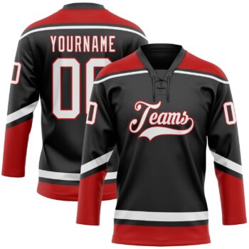 Custom Black White Red Hockey Lace Neck Jersey