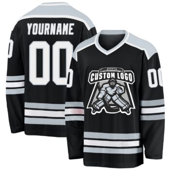 Custom Black White Silver Hockey Jersey