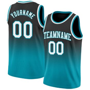 Custom Black White Teal Authentic Fade Fashion Basketball Jersey