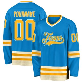 Custom Blue Gold Cream Hockey Jersey