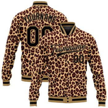 Custom Brown Black Old Gold Leopard 3d Pattern Design Bomber Full Snap Varsity Letterman Jacket