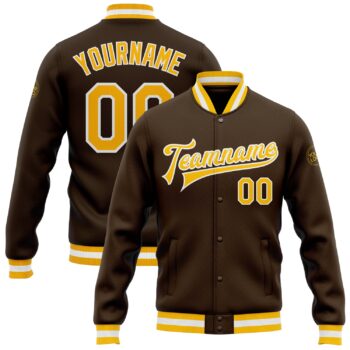 Custom Brown Gold White Bomber Full Snap Varsity Letterman Jacket