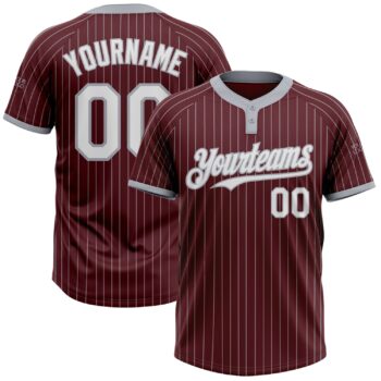 Custom Burgundy Gray Pinstripe White Two Button Unisex Softball Jersey