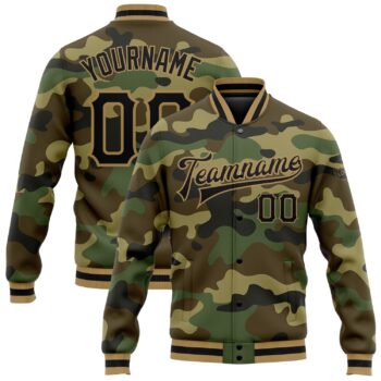 Custom Camo Black Old Gold Bomber Full Snap Varsity Letterman Salute To Service Jacket