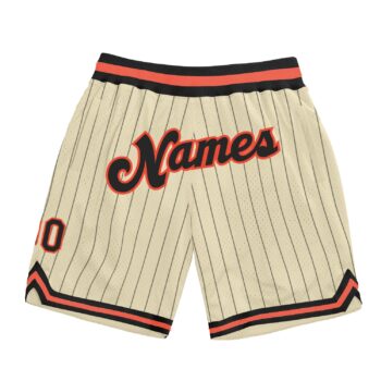 Custom Cream Black Pinstripe Black Orange Authentic Basketball Shorts