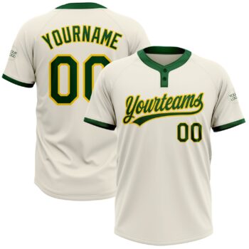 Custom Cream Green Gold Two Button Unisex Softball Jersey