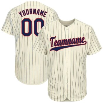 Custom Cream Navy Pinstripe Navy Red Baseball Jersey