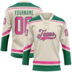 Custom Cream Pink Kelly Green Hockey Lace Neck Jersey